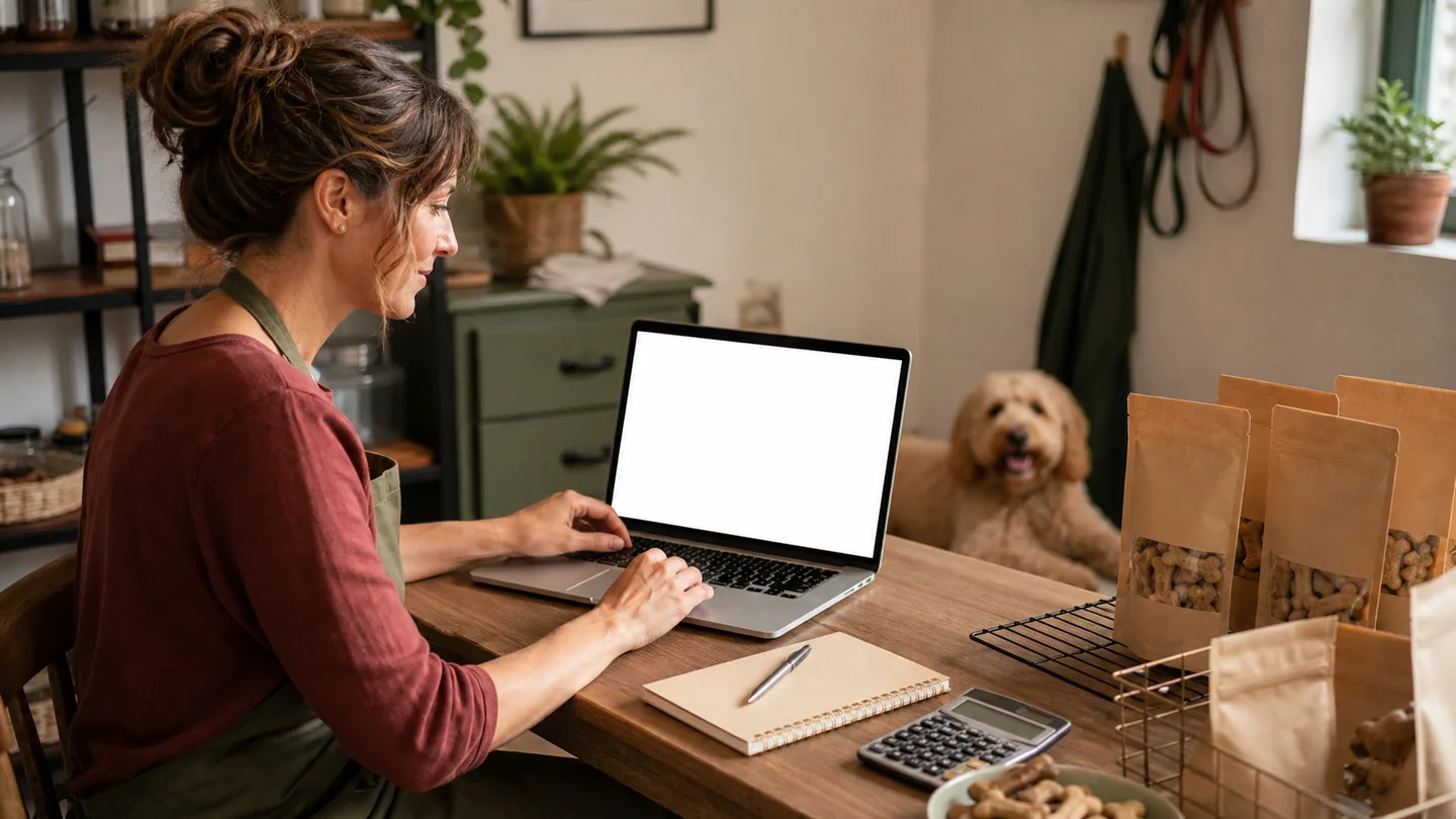 Pet bakery planner working at a kitchen table with a laptop, calculator and plain treat bags
