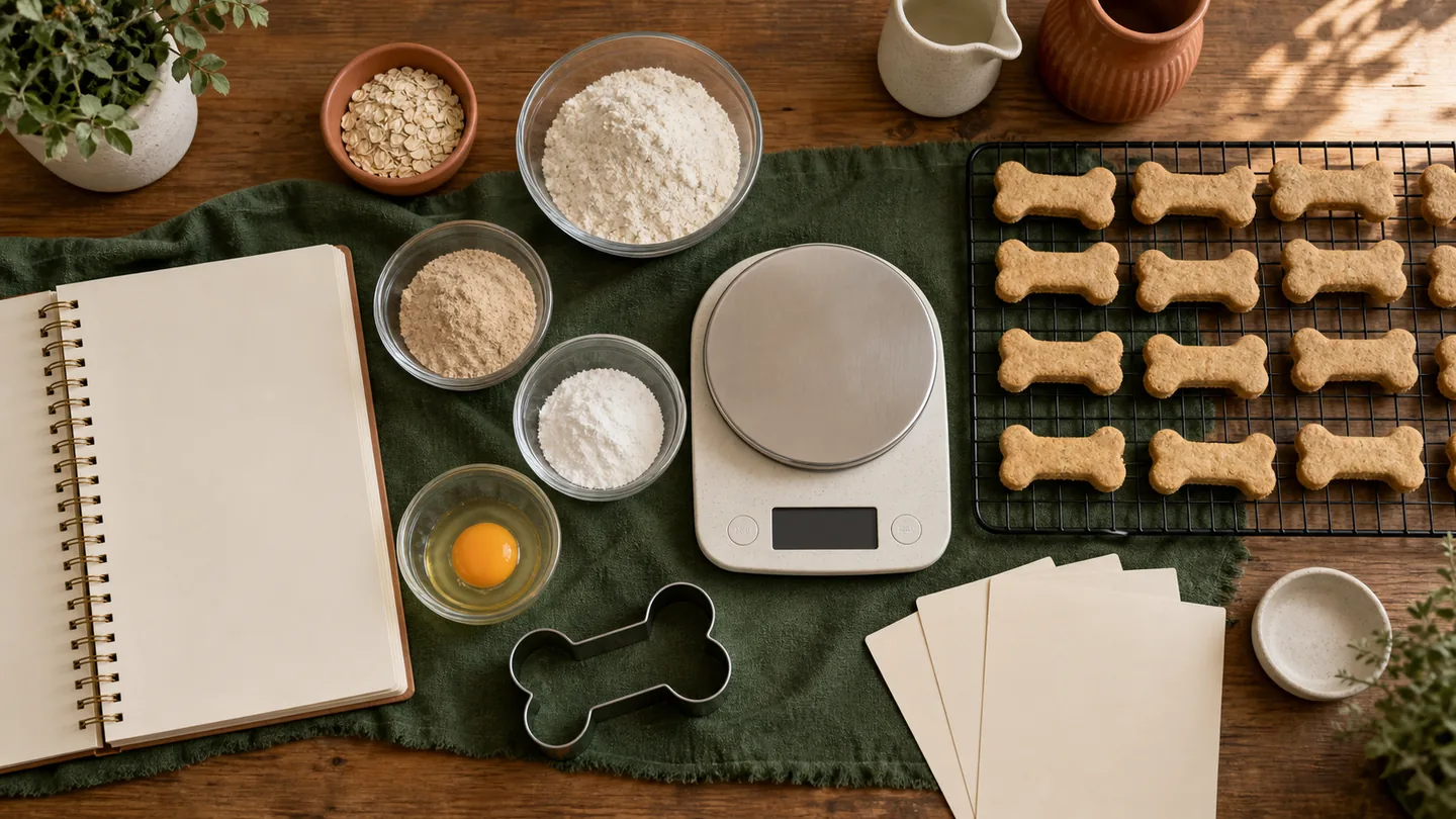 Overhead pet-bakery workflow with recipe notebook, kitchen scale, ingredients and cooling treats